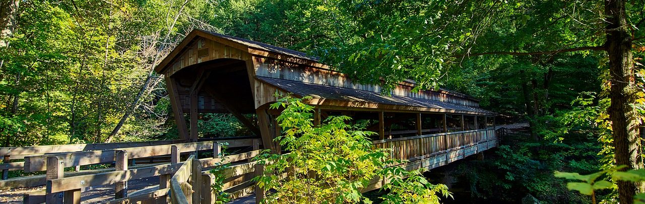 Covered bridge in heavily forested area