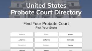Screenshot of the United States Probate Court Directory showing options to pick your state, including Alabama, Alaska, Arizona, Arkansas, California, Colorado, and more.