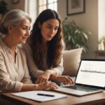 An older Hispanic woman and a younger woman collaboratively looking at a laptop screen displaying "GuardianshipSoftware.com," suggesting ease of use for guardianship management.
