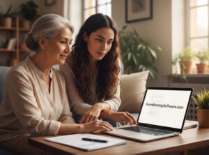 An older Hispanic woman and a younger woman collaboratively looking at a laptop screen displaying "GuardianshipSoftware.com," suggesting ease of use for guardianship management.